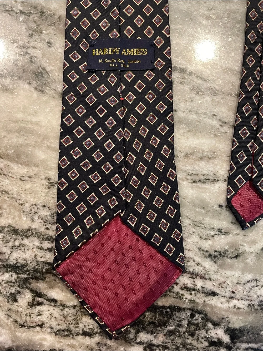 Vintage Hardy Amies Savile Row London Silk Necktie – Navy Geometric Medallion